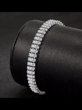 925 Silver Plated Non Tarnish Shiny Baguette Cubic Zirconia Tennis Bracelet